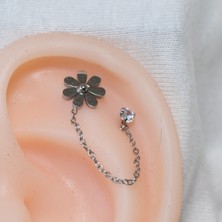 2'li Kombin Çiçek ve Taş Zincirli Çelik Piercing… Gümüş/Silver Renkli ve Şeffaf Taşlı (Targus Helix Conch Flat)
