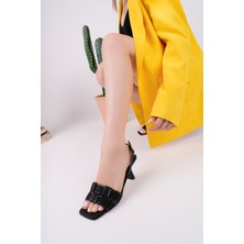 Marshetta Shoes Lusia Model Siyah Keten Kadın Ince Topuklu Günlük Açık Ayakkabı