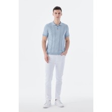 Jakamen Mavi Slim Fit Desenli Polo Yaka T-Shirt