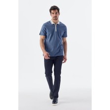 Jakamen Mavi Slim Fit Fermuarlı  Pamuk Polo Yaka T-Shirt