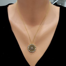 925 Ayar Sarı Gümüş Yuvarlak Taşlı Kolye, Siyah, Mavi, Beyaz Taş