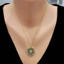 925 Ayar Gümüş Yuvarlak Taşlı Kolye, Sarı - Siyah Yeşil Beyaz Taş