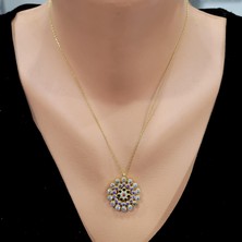 925 Ayar Gümüş Yuvarlak Taşlı Kolye, Sarı - Siyah Mor Kırmızı Beyaz Taş