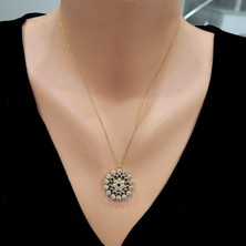 925 Ayar Gümüş Yuvarlak Taşlı Kolye, Sarı - Siyah Mavi  Beyaz Taş