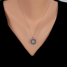 925 Ayar Gümüş Yuvarlak Taşlı Kolye, Pembe - Siyah Mavi  Beyaz Taş