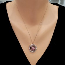 925 Ayar Gümüş Yuvarlak Taşlı Kolye, Pembe - Siyah Kırmızı Beyaz Taş