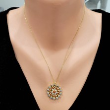 925 Ayar Gümüş Yuvarlak Taşlı Kolye, Sarı - Ateş Kırmızısı Beyaz Taş