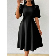 Aisha Elbise Kadın Kısa Balon Kollu Bisiklet Yaka Kiloş Janjan Krep Elbise