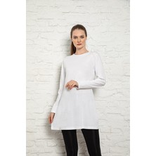 Kadın Beyaz Renkli Uzun Kol Pamuklu Bisiklet Yaka Penye Tunik-Içlik 2022-SLM37