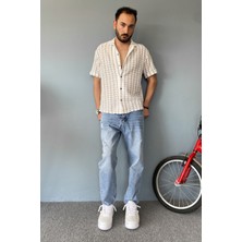 Örgü Çizgili Kısa Kollu Jakarlı Krem Gömlek