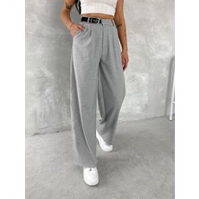 Kadın Beli Tokalı/kemer Detaylı Bol Paça Kumaş Pantolon