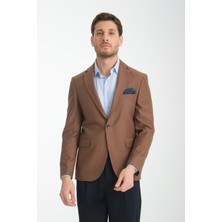 Galdino Erkek Kahverengi Kendinden Desenli Slim Fit Mono Yaka Blazer Ceket