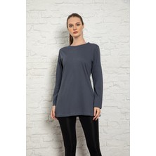 Kadın Füme Renkli Uzun Kol Pamuklu Bisiklet Yaka Penye Tunik-Içlik SLM30