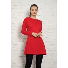 Kadın Kırmızı Renkli Uzun Kol Pamuklu Bisiklet Yaka Penye Tunik-Içlik SLM29