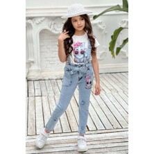Kız Çocuk Üzeri Digital Baskılı T-Shirt Yırtmaç ve Kedi Detaylı Mavi Jean Salopet Takım