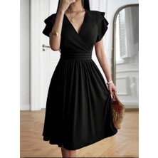 Kadın Kısa Fırfır Kollu Kruvaze Yakalı Kiloş Janjan Krep Elbise