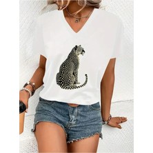 Woodroffe Kadın V Yaka Beyaz Siyah T-Shirt Baskılı Oversize Salaş