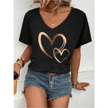 Woodroffe Kadın V Yaka Beyaz Siyah T-Shirt Baskılı Oversize Salaş
