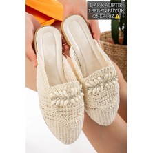 Slipcat Kadın Hasır Terlik Önü Kapalı Örgü Dantel Taş Detaylı Şık Yazlık Ev Plaj Tatil Terliği