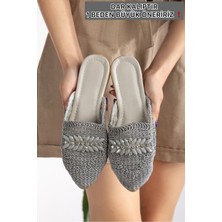 Kadın Hasır Terlik Önü Kapalı Örgü Dantel Taş Detaylı Şık Yazlık Ev Plaj Tatil Terliği