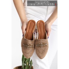 Kadın Hasır Terlik Önü Kapalı Örgü Dantel Taş Detaylı Şık Yazlık Ev Plaj Tatil Terliği