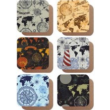 Dünya Haritası Atlas Temalı 6lı Retro Ahşap Bardak Altlığı Seti