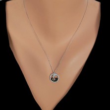 925 Ayar Gümüş Çemberli Vav ve Ay Kolye, Beyaz - Siyah Taş