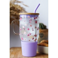 Caga Home Bambu Kapaklı Kiraz Çiçeği Desenli Çelik Pipetli Bardak Cam Termos Big Mug 1000 ml
