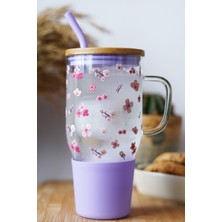 Caga Home Bambu Kapaklı Kiraz Çiçeği Desenli Çelik Pipetli Bardak Cam Termos Big Mug 1000 ml