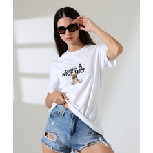 ribana Kadın Ön ve Arka Ayıcık Baskılı Bisiklet Yaka T-Shirt