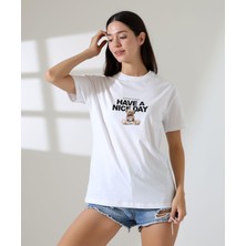 ribana Kadın Ön ve Arka Ayıcık Baskılı Bisiklet Yaka T-Shirt
