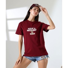 ribana Kadın Ön ve Arka Ayıcık Baskılı Bisiklet Yaka T-Shirt