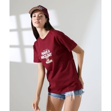 ribana Kadın Ön ve Arka Ayıcık Baskılı Bisiklet Yaka T-Shirt