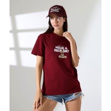 ribana Kadın Ön ve Arka Ayıcık Baskılı Bisiklet Yaka T-Shirt
