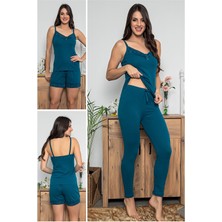 Kadın Petrol Renkli Dantel Detaylı Şortlu ve Taytlı Pijama Takımı 3'lü Set 75007