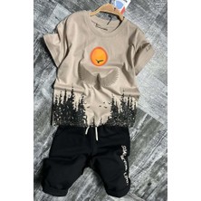 Erkek Çocuk Ağaç ve Güneş Baskılı T-Shirt Yazı Detaylı Bej Şortlu Takım