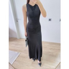 Mira Cotton Kolsuz Büzgülü Uzun Elbise - Siyah