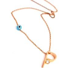 Ose Shop Nazar boncuklu ve zirkon taş detaylı gümüş rose p harfi  kolye