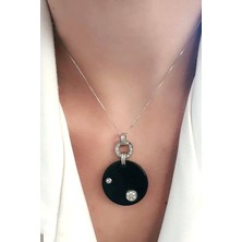 Ose Shop Zirkon Taş Detaylı Oniks Taşlı 925 Ayar Gümüş Modern Kolye