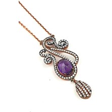 Ose Shop Pırlanta işçiliği  Ametist ve zirkon  taşlı gümüş lüks tasarım uzun kolye zincir