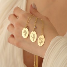 Nox Jewelry 14 Ayar Mikron Altın Kaplama Doğum Çiçeği ve Doğum Taşı Oval Gümüş Kolye – Kişiye Özel Anlamlı Hediye - CNS00174
