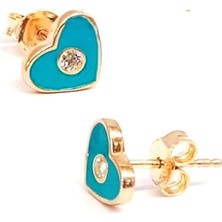 Ose Shop Mavi mineli zirkon taş detaylı gümüş üzerine rose altın kaplamalı kalp küpe