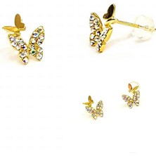 Ose Shop Swarovski taşlı gümüş üzerine altın kaplamalı Minimal kelebek  küpe