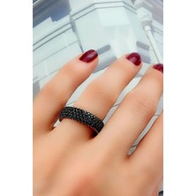 Ose Shop 4 sıra oniks taşlı gümüş rose tam tur yüzük