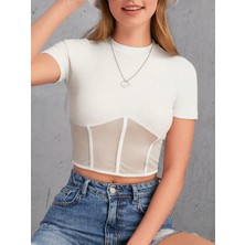 Dik Yaka Tül Detay Kaşkorse Dokuma Pamuk Kumaş Kadın Bluz