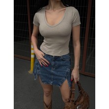 Deniz Home Wear V Yaka Kaşkorse Dokuma Pamuk Kumaş Kadın Bluz