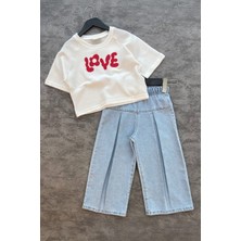 Miniğimin Cicileri Love Kot Bol Pantolon ve Tşört Kız çocuk takım - Açık Mavi