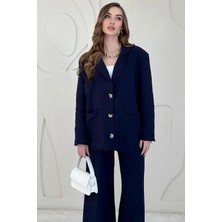 Elbee Fashion Woman Lacivert Düğme Detaylı Oversize Müslin Takım