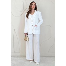 Elbee Fashion Woman Ekru Düğme Detaylı Oversize Müslin Takım