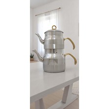 Süzekli Aile Boy Altın-Çelik Kulp Çaydanlık Üstdemlik;1,60 Lt  Altdemlik;2,40 Lt